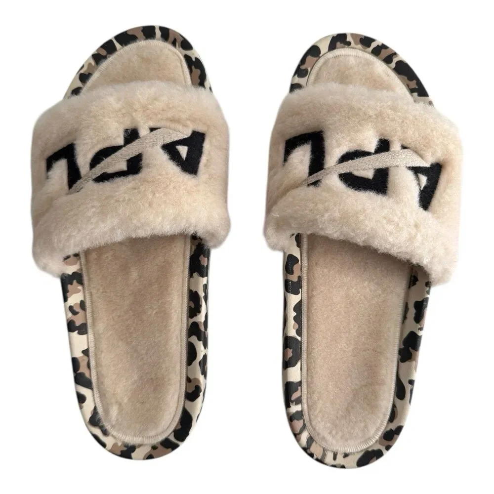 APL‎ Women’s Shearling Furry Slide Sandals in Parchment/Black/Leopard Size 10